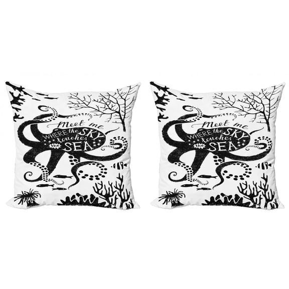 Saying Throw Pillow Cushion Cover Pack of 2, Abstract Monochrome Underwater Design Meet Me Where the Sky Touches Sea, Zippered Double-Side Digital Print, 4 Sizes, Charcoal Grey White, by Ambesonne