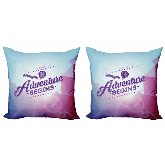 Saying Throw Pillow Cushion Cover Pack of 2, Adventure Begins Words with Polygonal Mountains Abstract Angular Design, Zippered Double-Side Digital Print, 4 Sizes, Purple Magenta Blue, by Ambesonne