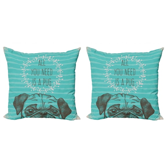 Ambesonne Pug Throw Pillow Cover 2 Pack, Fun Animal Dog Words, 24", Sea Green Brown