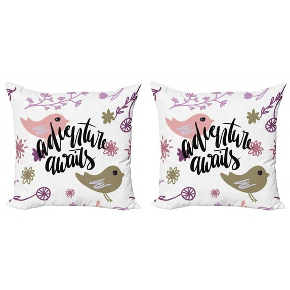Ambesonne Saying Throw Pillow Cover 2 Pack, Sketch Floral Birds Text, 16", Multicolor