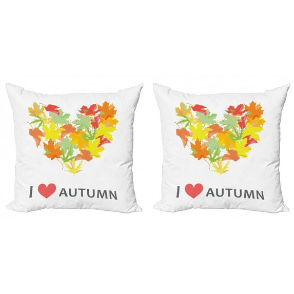 Saying Throw Pillow Cushion Cover Pack of 2, Colorful Seasonal Maple Leaves Group in Heart Shape with I Love Autumn Message, Zippered Double-Side Digital Print, 4 Sizes, Multicolor, by Ambesonne