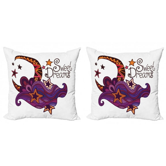 Saying Throw Pillow Cushion Cover Pack of 2, Crescent Moon with Stars Design Inspirations Swirls and Curves Pattern, Zippered Double-Side Digital Print, 4 Sizes, Multicolor, by Ambesonne