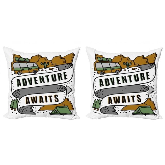 Saying Throw Pillow Cushion Cover Pack of 2, Doodle Style Graphic Wording on a Ribbon Happy Camper Themed Adventure Art, Zippered Double-Side Digital Print, 4 Sizes, Caramel Grey White, by Ambesonne
