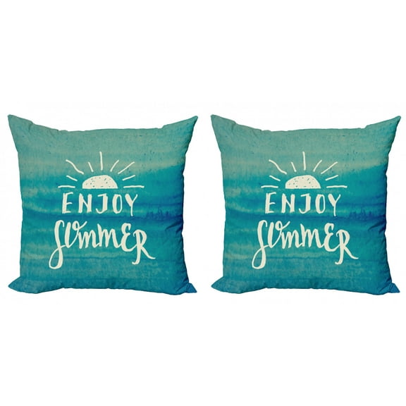 Saying Throw Pillow Cushion Cover Pack of 2, Enjoy Summer Lettering with a Simple Rising Sun on Watercolor, Zippered Double-Side Digital Print, 4 Sizes, Eggshell Sea Blue, by Ambesonne