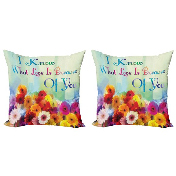 Ambesonne Saying Throw Pillow Cover 2 Pack, Romantic Words with Flowers, 18", Multicolor