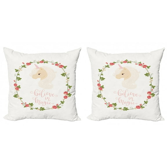 Saying Throw Pillow Cushion Cover Pack of 2, Illustration of Unicorn in a Floral Frame Wreath Design and Believe in Magic Text, Zippered Double-Side Digital Print, 4 Sizes, Multicolor, by Ambesonne
