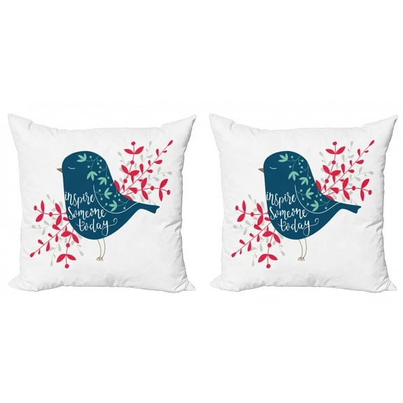 Saying Throw Pillow Cushion Cover Pack of 2, Inspire Someone Today Words a Sparrow and Foliage Silhouette, Zippered Double-Side Digital Print, 4 Sizes, Mint Green Vermilion, by Ambesonne