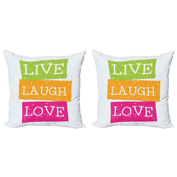 Ambesonne Saying Throw Pillow Cover 2 Pack, Live Laugh Love Vibrant, 16", Lime Green Orange Pink