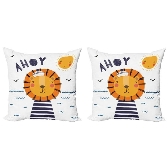Ambesonne Saying Throw Pillow Cover 2 Pack, Happy Sailor Lion and Ahoy, 16", Multicolor