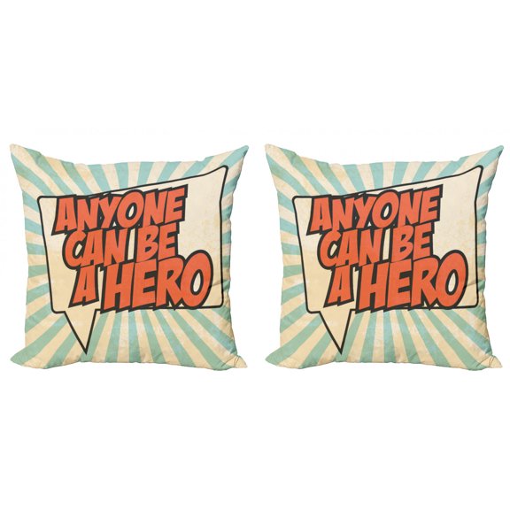 Saying Throw Pillow Cushion Cover Pack of 2, Pop Art Style Speech Bubble Messaging Anyone Can Be a Hero, Zippered Double-Side Digital Print, 4 Sizes, Burnt Sienna Pale Blue, by Ambesonne