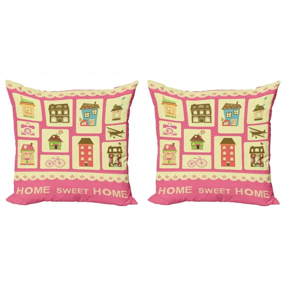 Saying Throw Pillow Cushion Cover Pack of 2, Retro Style Pattern with Different Houses Bicycle Plane and Photo Camera, Zippered Double-Side Digital Print, 4 Sizes, Multicolor, by Ambesonne
