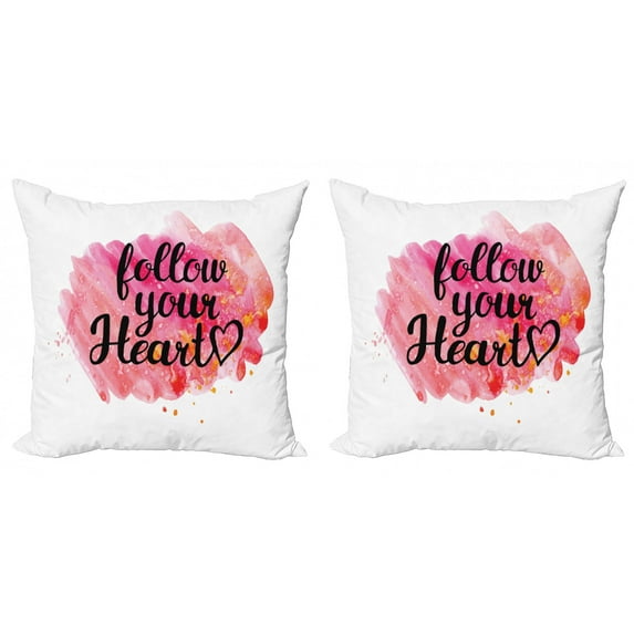 Saying Throw Pillow Cushion Cover Pack of 2, Typography Phrase Follow Your Heart on Watercolor Effect Background, Zippered Double-Side Digital Print, 4 Sizes, Black Hot Pink and Coral, by Ambesonne