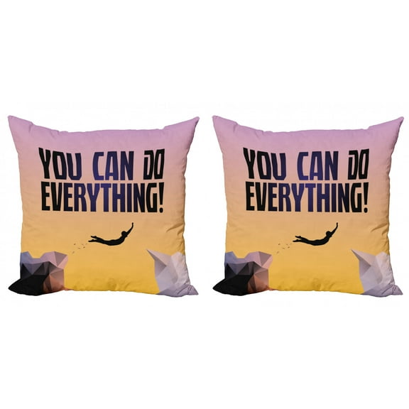 Saying Throw Pillow Cushion Cover Pack of 2, You Can Do Everything Phrase with Flying Man Silhouette Between Polygon Art Cliffs, Zippered Double-Side Digital Print, 4 Sizes, Multicolor, by Ambesonne