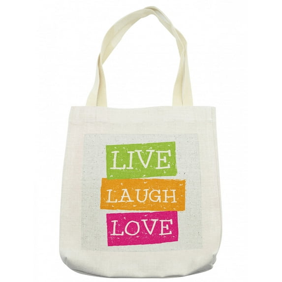 Saying Tote Bag, Live Laugh and Love Words on Lively Colored Frames with Grunge Effect, Cloth Linen Reusable Bag for Shopping Books Beach and More, 16.5" X 14", Cream, by Ambesonne