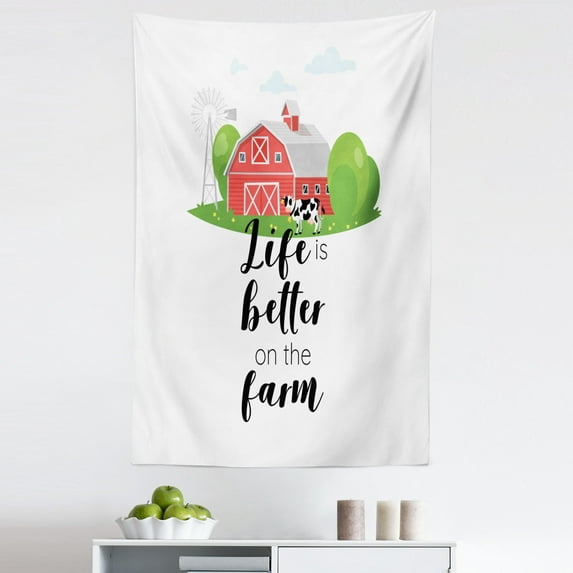 Sayings Tapestry, Life is Better on the Farm Quiet Place Cow Grass Rural Lettering Style Illustration, Fabric Wall Hanging Decor for Bedroom Living Room Dorm, 5 Sizes, Multicolor, by Ambesonne