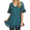 thumbnail image 1 of Sayle Long Star Embroidered Blouse Shirt Top With Button Front And Ruffles - Turquoise - 1X/2X, 1 of 5