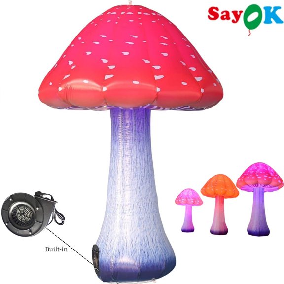 Sayok 1 Piece 6.56ft Giant Colored Inflatable Mushroom Built-in Air Blower LED Light Mushroom Inflatable Decorations for Christmas Yard, Theme Park, Event, Party, Stage Decor