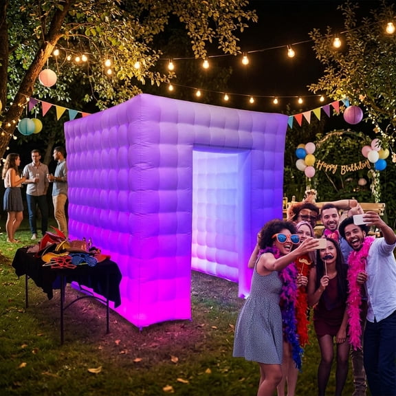 Sayok White Inflatable Photo Booth Enclosure with Blower One Door LED 8.2ft Backdrop Tent for Party Wedding