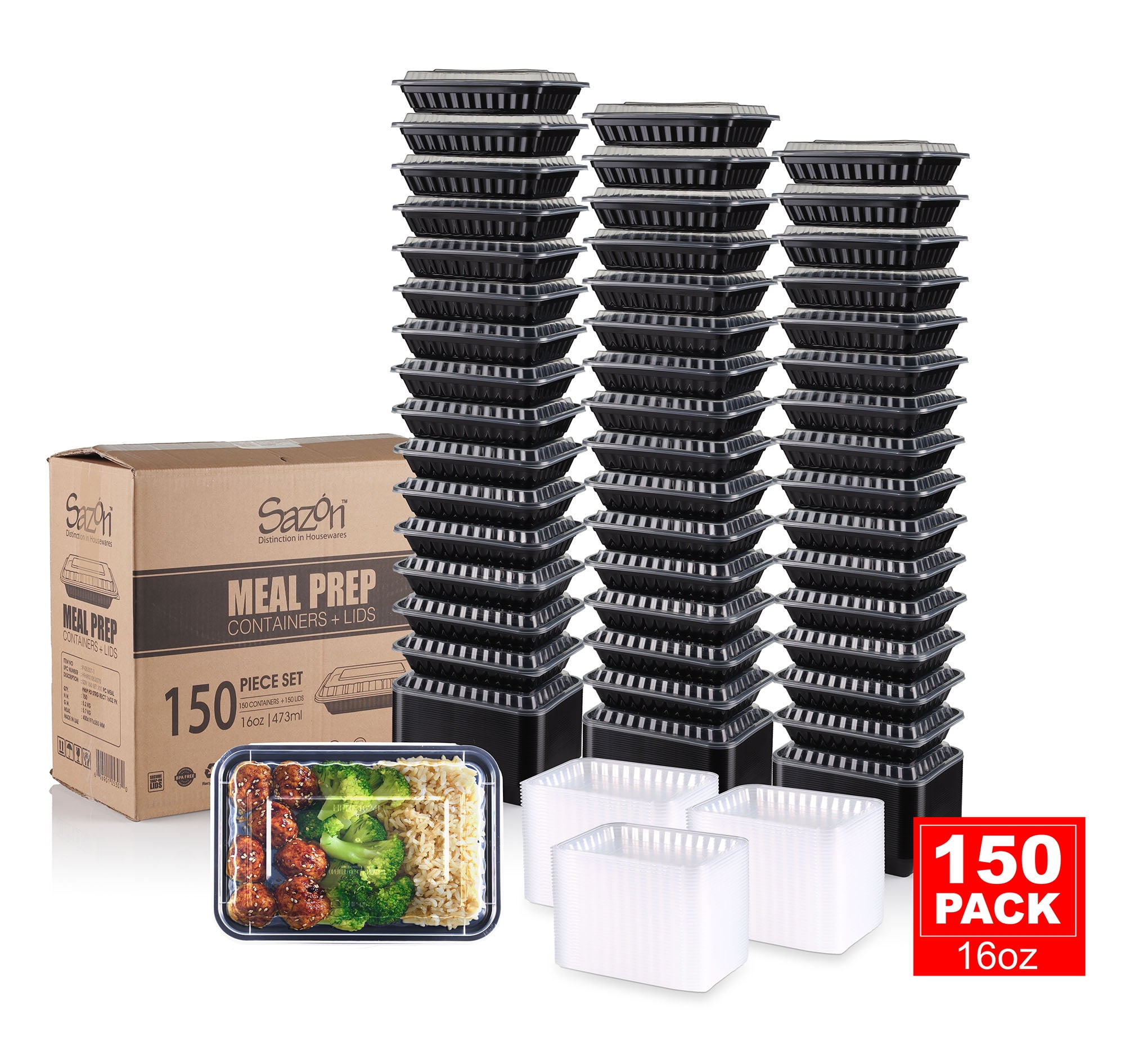 Sazon 16oz Rectangular Meal Prep Containers, 150 Lids and 150