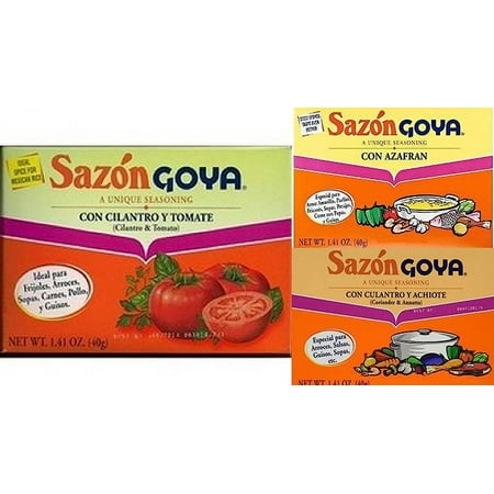 Sazon Goya Seasoning Variety Bundle, 1.41 oz (Pack of 6) includes 2-Boxes Con Culantro y Achiote 2-Boxes Con Azafran 2-Boxes Con Cilantro y Tomate
