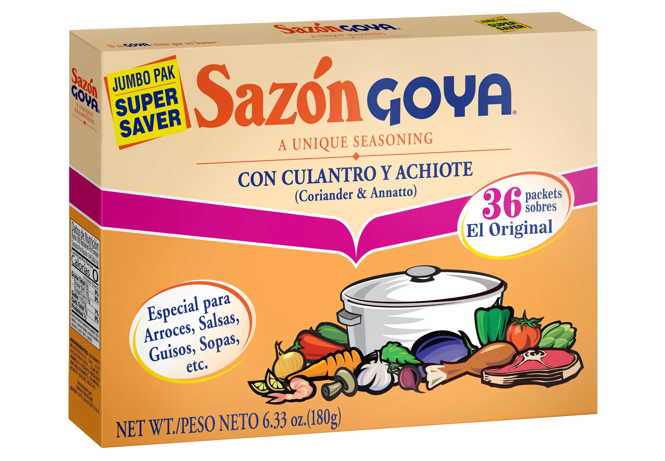 GOYA Sazon with Coriander and Annatto Seasoning Mix, 36 Packets, 6.33 oz Box