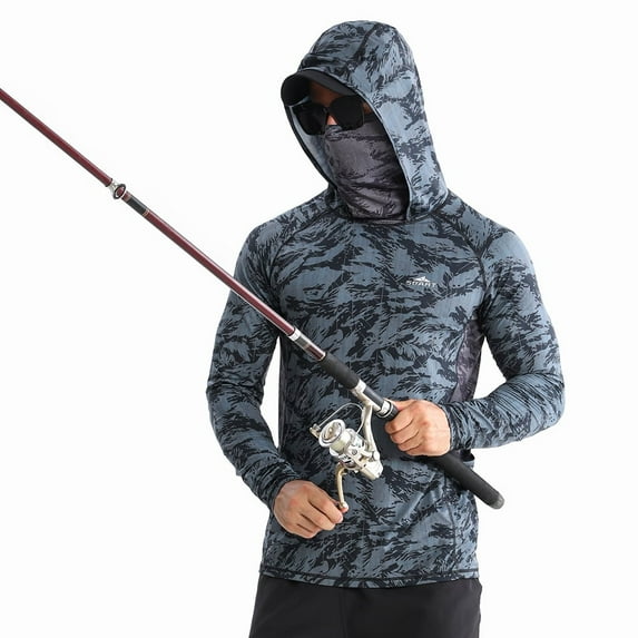 Sbart Men’s Premium Fishing Shirt with Hoodie Face Mask Lightweight Sun Protection UPF 50+ Long Sleeve for Fishing Hunting Hiking Biking Outdoor Sports Outdoor Activities Camouflage Dark/Gray Color