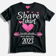 Sbart Sisters Trip 2023 Novel Title Vector Design Black TShirt Women's Valentine's Day Graphic Tee with Pink Hearts & Arrow Fashion Designer Gift Idea