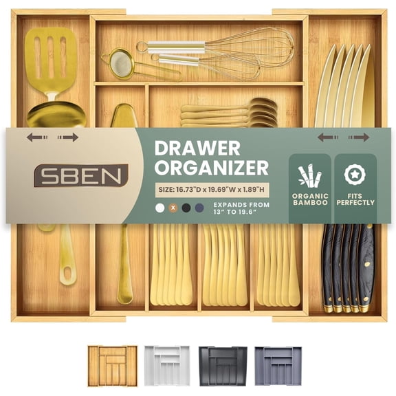 Sben Expandable Drawer Organizer for Utensils Holder, Adjustable Cutlery Tray, Wood Drawer Dividers Organizer for Silverware, Flatware, Knives for Kitchen (Bamboo)