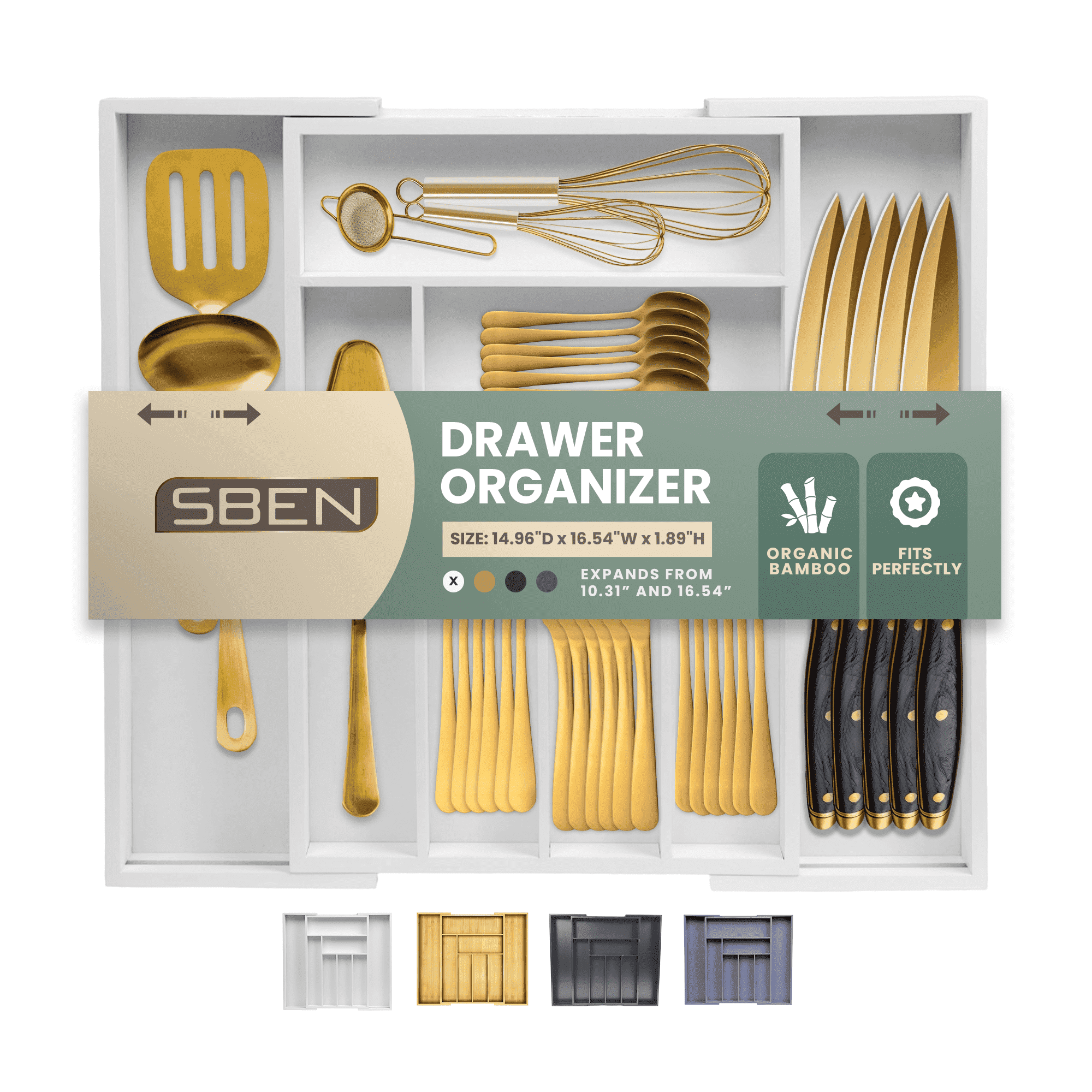 Sben Expandable Drawer Organizer for Utensils Holder, Adjustable Cutlery Tray, Wood Drawer Dividers Organizer for Silverware, Flatware, Knives for Kitchen (White)