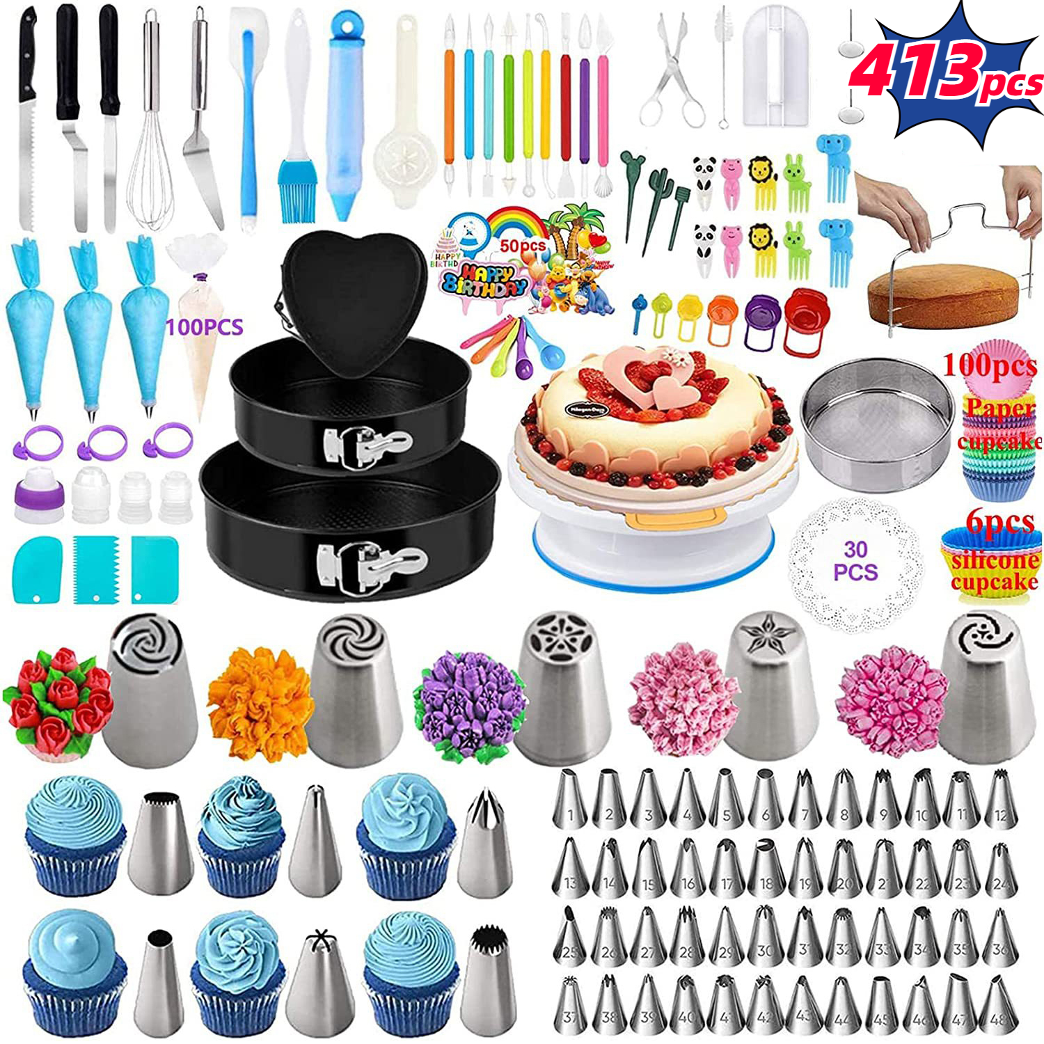 Sboly Cake Decorating Supplies, 413 PCS Baking Supplies Kit with Cake  Rotating Turntable Stand, Springform Pan Sets, Icing Piping Nozzles, Cake  Topper,Piping Bags 
