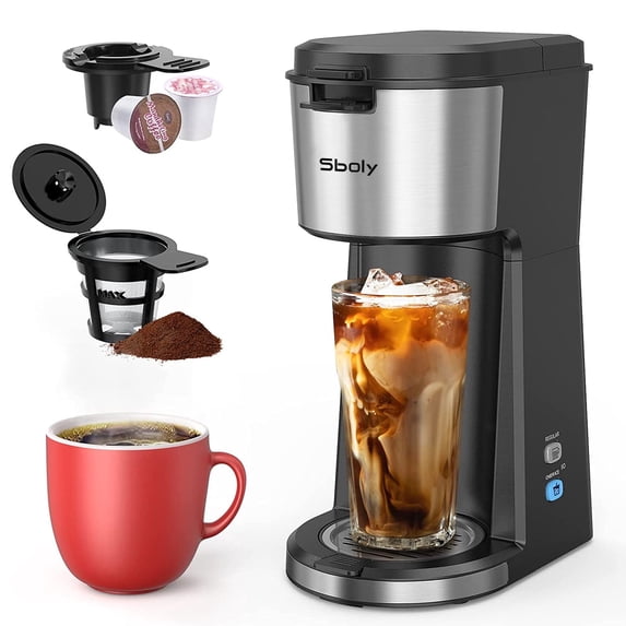 Sboly Hot and Cold Coffee Maker, Iced & Single-Serve Machine for K-Cups, Ground Coffee, Auto Cleaning, Descaling Alert , Home & Office Use
