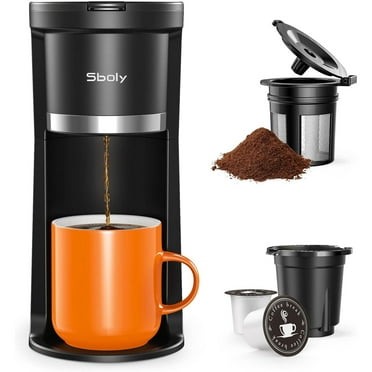 Sboly Mini Single Serve Coffee Maker, Instant Coffee Maker One Cup for K Cup & Ground Coffee, 6 to 12 oz Brew Sizes, Capsule Coffee Machine with Water Window and Descaling Reminder, Black