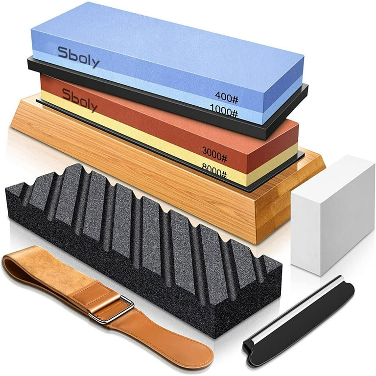 Sboly Sharpening Stone Knife Sharpeners - 400/1000 + 3000/8000 Grit  Whetstone with Flattening Stone, Stone Fixer, Leather Strop, Bamboo Base, 3  Non-Slip Rubber Bases & Angle Guide 