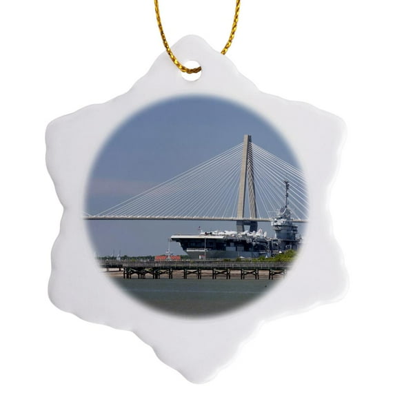 3drose, Sc, Ravenel Bridge Yorktown Aircraft Carrier - Us41 Cmi0056 - Cindy Miller Hopkins, 3 inch Snowflake Porcelain Ornament