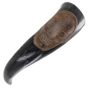Armory Replicas Scab of the Sea Natural Horn Drinking Vessel with Pirate Skull Carving & Wood Stand   Display Piece