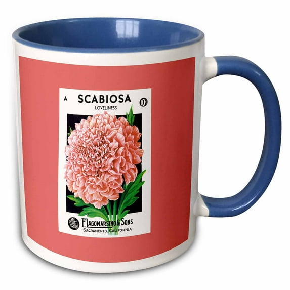 Scabiosa Loveliness Pink Flower Seed Packet Reproduction 15oz Two-Tone Blue Mug mug-170804-11
