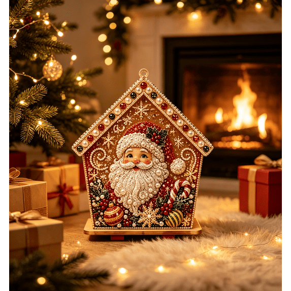 Scabre DIY Pearl Art Christmas House,2026 Upgraded Wooden House 3D Rhinestone Diamond Art DIY Kit Beginner-Friendly for Craft Lovers,Santa