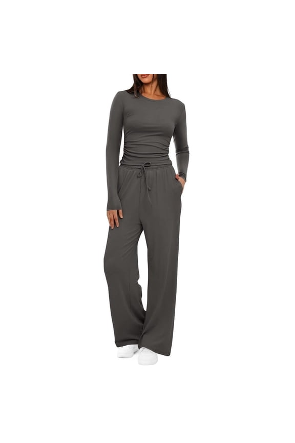 2 Piece Matching Sweatsuit Lounge Set Womens High Waisted Wide Leg Pants Side Ruching Crop Top Sets Tracksuit Outfits