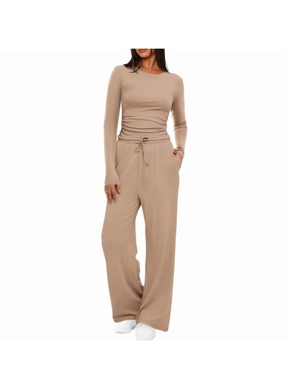 2 Piece Matching Sweatsuit Lounge Set Womens High Waisted Wide Leg Pants Side Ruching Crop Top Sets Tracksuit Outfits