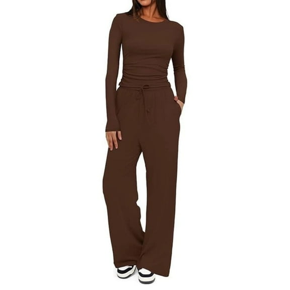Scacto 2 Piece Matching Sweatsuit Lounge Set Womens High Waisted Wide Leg Pants Side Ruching Crop Top Sets Tracksuit Outfits