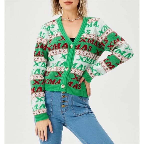 Scacto Classic Cardigan Ugly Christmas Sweaters for Women V Neck Button Down Sweater with “XMAX” Patterns, S-XL