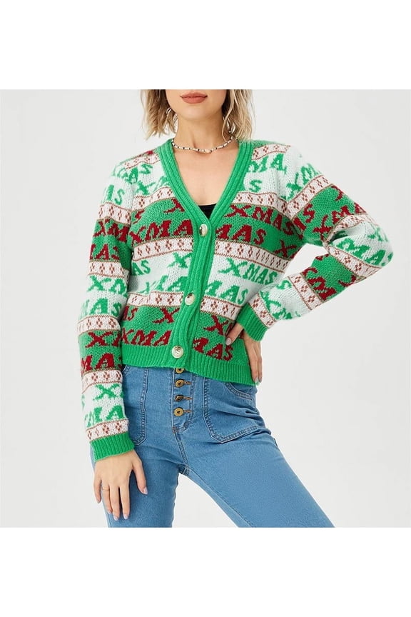 Classic Cardigan Ugly Christmas Sweaters for Women V Neck Button Down Sweater with “XMAX” Patterns, S-XL