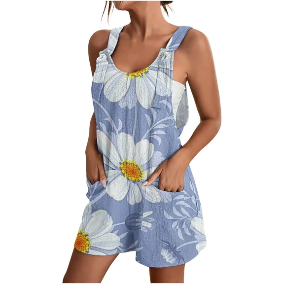 Scacto Fashion Women's Printed Casual Adjustable Strap Knot Front Romper Short Jumpsuit Overalls with Pocket