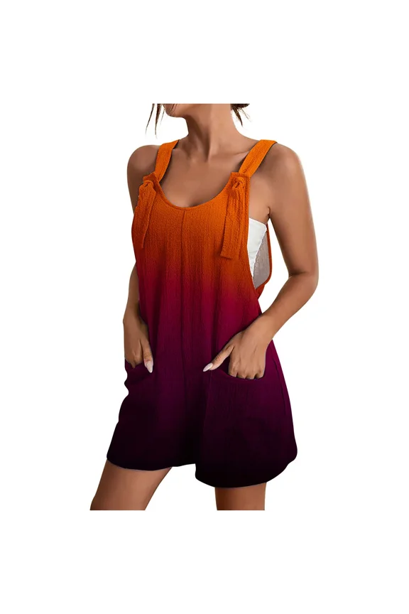 Women's Printed Casual Adjustable Strap Knot Front Romper Short Jumpsuit Overalls with Pocket