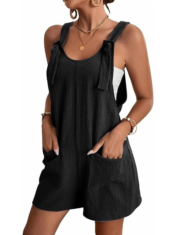 Sleeveless Adjustable Strap Knot Front Romper Short, Overall Jumpsuit (Women's)