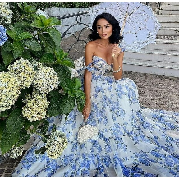 Scacto Summer Bohemian Floral Dresses for Women Spaghetti Straps Maxi Dress Casual Flowy Dresses Floral Off-the-shoulder Strap Lace-up Large Swing Skirt Organza Dress