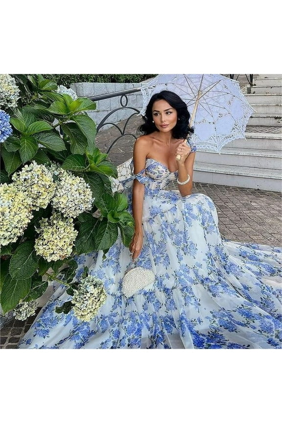 Summer Bohemian Floral Dresses for Women Spaghetti Straps Maxi Dress Casual Flowy Dresses Floral Off-the-shoulder Strap Lace-up Large Swing Skirt Organza Dress