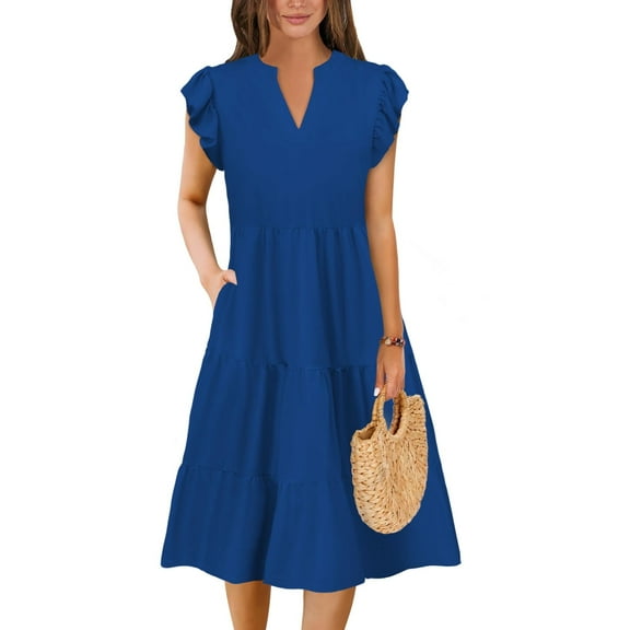 Scacto Summer Dresses for Women Elegant Classy Casual Spring Midi Fashion V Neck Boho Dress Beach Vacation Clothes with Pocket