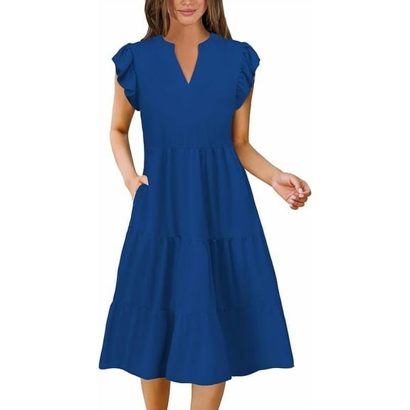 Scacto Summer Dresses for Women Elegant Classy Casual Spring Midi Fashion V Neck Boho Dress Beach Vacation Clothes with Pocket