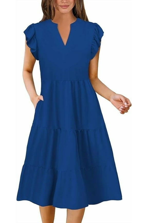 Summer Dresses for Women Elegant Classy Casual Spring Midi Fashion V Neck Boho Dress Beach Vacation Clothes with Pocket